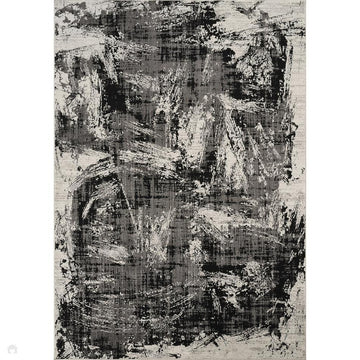 Mayfair Canvas MAY02 Modern Abstract Distressed Metallic Shimmer Soft Velvety Touch Textured Polyester Low Profile Short Pile Jet Black/Steel Grey/Ivory/Charcoal Grey/Pewter Silver Rug-Desire Rugs-Rug Love - The Most Loved Rug Store
